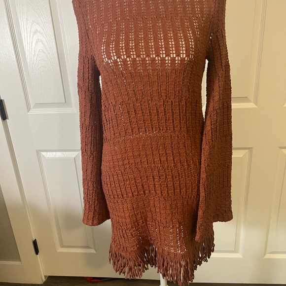 Anthropologie Rust Open Knit Sweater Dress Fringe Hem XXS - Picture 5 of 5